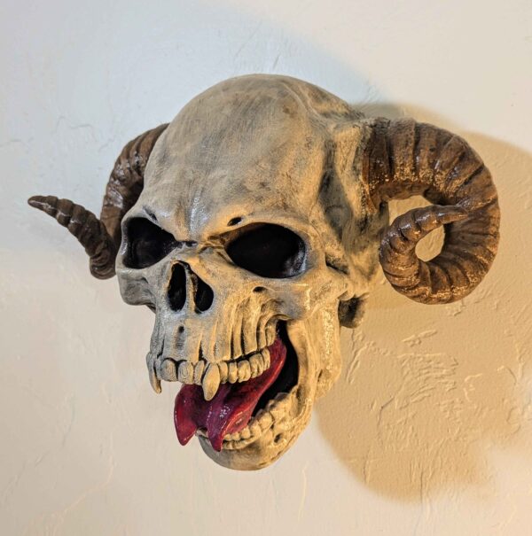 DEMON SKULL Wall Art - Life Size Demonic Skull with Split Tongue - Hanging Wall Decor - Handpainted Skull + Horns & Fangs - Halloween Decor