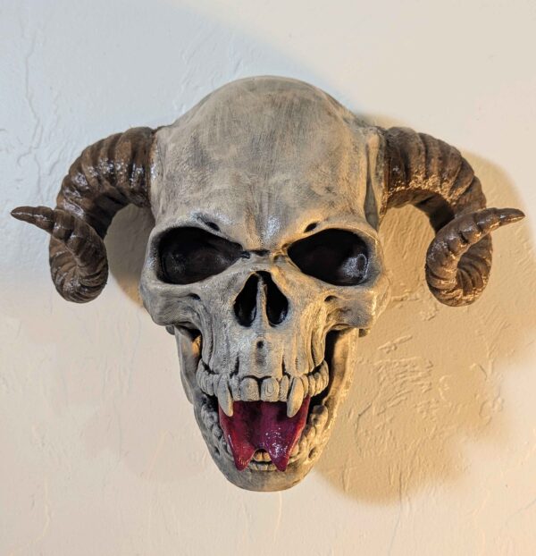 DEMON SKULL Wall Art - Life Size Demonic Skull with Split Tongue - Hanging Wall Decor - Handpainted Skull + Horns & Fangs - Halloween Decor - Image 2