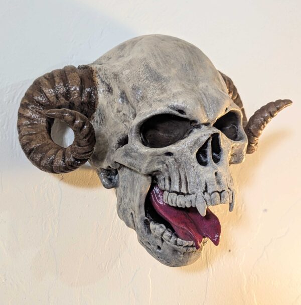 DEMON SKULL Wall Art - Life Size Demonic Skull with Split Tongue - Hanging Wall Decor - Handpainted Skull + Horns & Fangs - Halloween Decor - Image 3