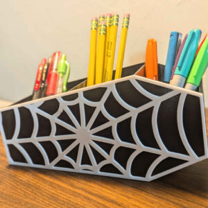 COFFIN + SPIDERWEB Desk Organizer - Halloween Home or Office Decor - Cute Horror Themed Desktop Storage Container - Spooky Desk Accessories