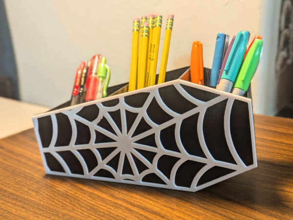 COFFIN + SPIDERWEB Desk Organizer - Halloween Home or Office Decor - Cute Horror Themed Desktop Storage Container - Spooky Desk Accessories