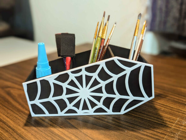 COFFIN + SPIDERWEB Desk Organizer - Halloween Home or Office Decor - Cute Horror Themed Desktop Storage Container - Spooky Desk Accessories - Image 3