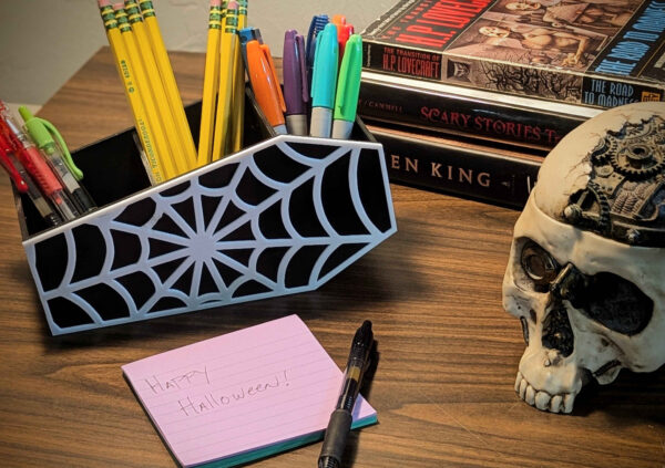 COFFIN + SPIDERWEB Desk Organizer - Halloween Home or Office Decor - Cute Horror Themed Desktop Storage Container - Spooky Desk Accessories - Image 2
