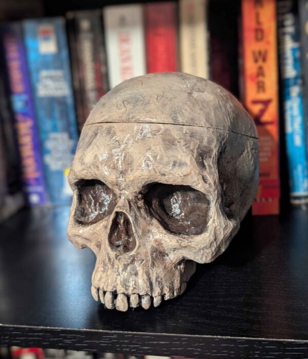 Skull Desk Organizer - Ancient Weathered Human Skull Container Prop - Hand Painted Realistic Skull with Bone Texture - Skull Storage Box